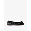 Prada Womens  Bow-embroidered Patent-leather Ballet Flats In Black