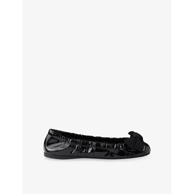 Prada Womens  Bow-embroidered Patent-leather Ballet Flats In Black
