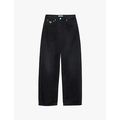 PRADA WOMENS BLACK BRAND-PLAQUE BARREL-LEG LOW-RISE JEANS