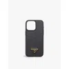 Prada Womens Black Brand-plaque Leather Iphone 15 Pro Cover