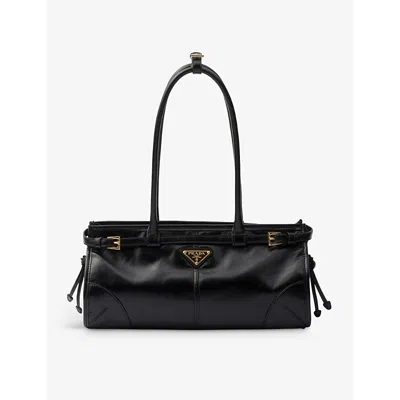 Prada Womens Black Brand-plaque Medium Leather Shoulder Bag In Black