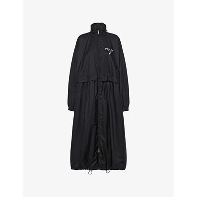 Prada Womens Black Brand-print Drawstring-hem Re-nylon Hooded Raincoat