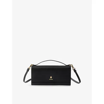 Prada Womens Black Brand-plaque Leather Wallet With Shoulder Strap