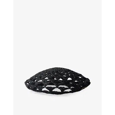 Prada Womens Black Embroidered-logo Geometric-pattern Crochet Beret