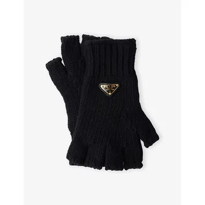 Prada Womens  Fingerless Wool Gloves In Black