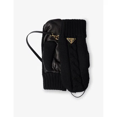 Prada Womens Black Logo-embellished Wool And Leather Mittens