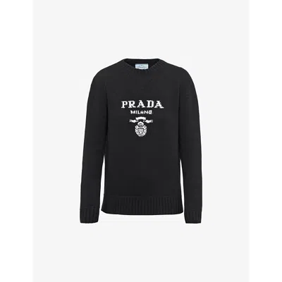 PRADA WOMENS BLACK LOGO-INTARSIA CASHMERE AND WOOL-BLEND SWEATER