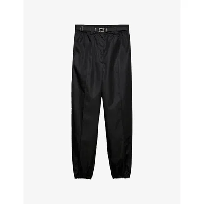 Prada Womens  Logo-plaque Creased Woven Trousers