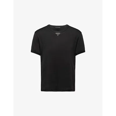 Prada Womens  Logo-plaque Crewneck Slim-fit Cotton T-shirt In Black