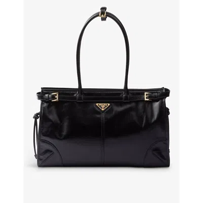 Prada Womens Black Logo-plaque Large Leather Top-handle Bag
