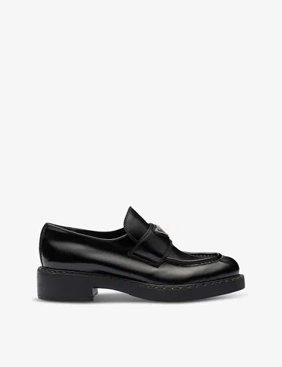 PRADA WOMENS BLACK LOGO-PLAQUE LEATHER LOAFERS EUR 38/5 UK