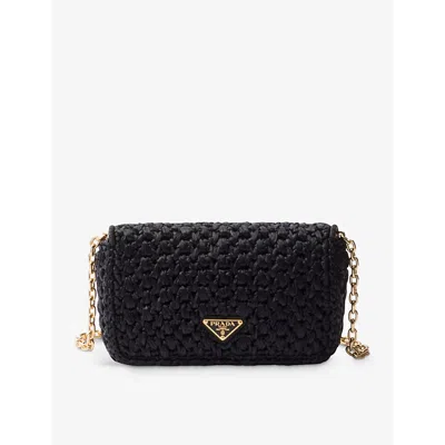 Prada Womens Black Logo-plaque Raffia-effect Woven Shoulder Bag
