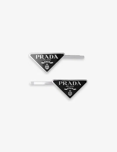 Prada Womens Black Logo-plaque Silver-toned Metal Hair Clips Set Of Two