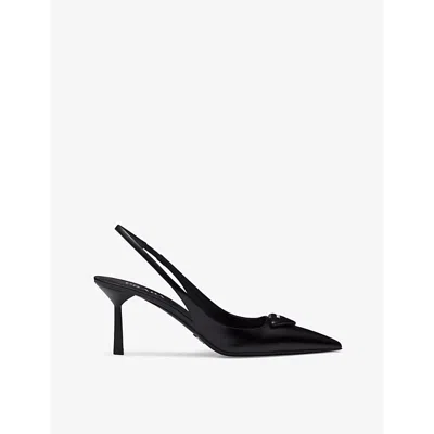 PRADA WOMENS PRADA LOGO-PLAQUE SLINGBACK HEELED LEATHER PUMPS