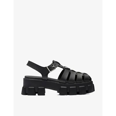 PRADA WOMENS BLACK MONOLITH LOGO-PLAQUE CHUNKY-SOLE CAGED RUBBER SANDALS EUR 41 / 8 UK
