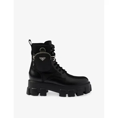 PRADA WOMENS BLACK MONOLITH WITH POUCH LEATHER AND RE NYLON COMBAT BOOTS EUR 36.5 / 3.5 UK