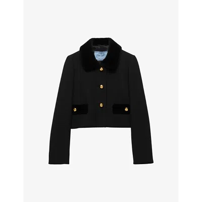 Prada Womens Black Natté Single-breasted Cropped Wool Jacket