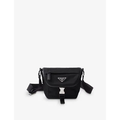 Prada Womens Black Re-nylon Brand-plaque Leather And Recycled-nylon Shoulder Bag