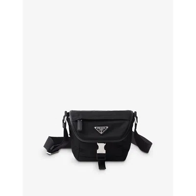 PRADA WOMENS BLACK RE-NYLON BRAND-PLAQUE LEATHER AND NYLON SHOULDER BAG