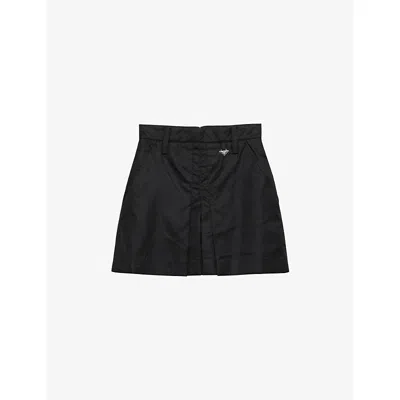 Prada Womens Black Re-nylon Pleated Logo-plaque Woven Mini Skirt