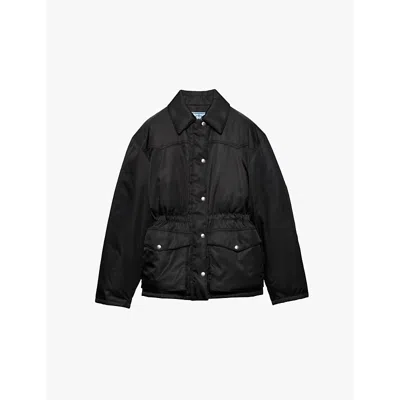 PRADA WOMENS BLACK RE-NYLON TRIANGLE-LOGO DRAWSTRING-WAIST SHELL-DOWN JACKET