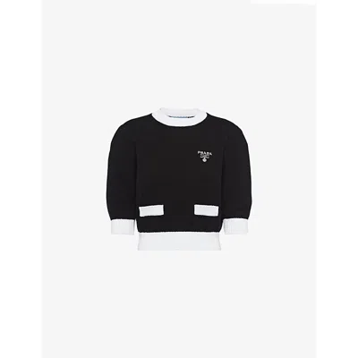 PRADA WOMENS BLACK ROUND-NECK BRAND-EMBROIDERED COTTON JUMPER