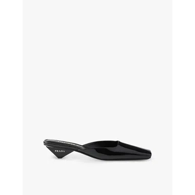 PRADA WOMENS PRADA SQUARE-TOE BRAND-PRINT PATENT-LEATHER HEELED MULES