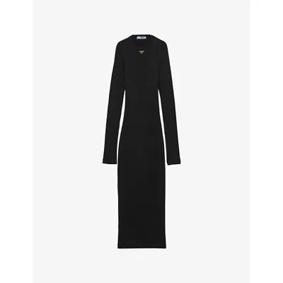 Prada Womens  Triangle-logo Ribbed Knit Jersey Midi Dress