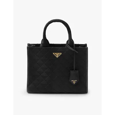 PRADA WOMENS BLACK TRIANGLE-PLAQUE EMBROIDERED-JACQUARD MEDIUM WOVEN TOTE BAG