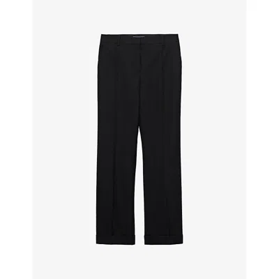 Prada Womens Black Wide-leg Logo-embroidered Wool-garbadine Trousers In Blue