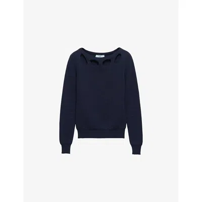 PRADA WOMENS BLUE BOAT-NECK CUT-OUT COTTON KNITTED JUMPER