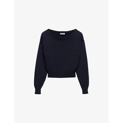 PRADA WOMENS BLUE BOAT-NECK STRIPE TRIANGLE-APPLIQUÉ COTTON KNITTED JUMPER