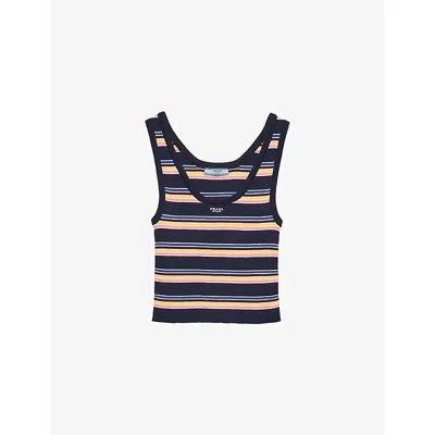 Prada Womens Blue Brand-embroidered Striped Cotton Tank Top