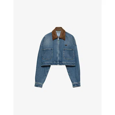 Prada Womens Blue Contrast-collar Cropped Denim Jacket