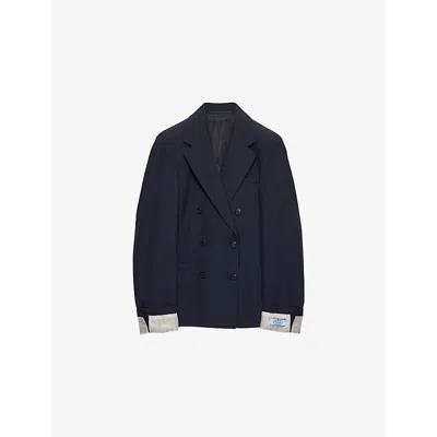 Prada Womens Blue Contrast-cuff Double-breasted Wool Jacket