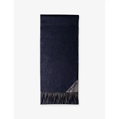 Prada Womens Blue Double Logo-embellished Cashmere Scarf