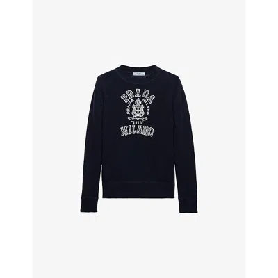 Prada Womens Blue Intarsia-logo Wool And Cashmere Jumper