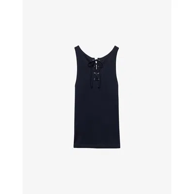 PRADA WOMENS PRADA LACE-UP TRIANGLE-PATCH COTTON-JERSEY TANK TOP