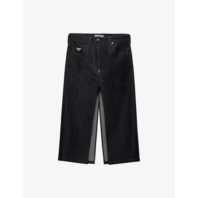 Prada Womens Blue Logo-badge Flared High-rise Selvedge-denim Midi Skirt
