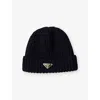 Prada Womens Blue Logo-embellished Knitted Wool Beanie
