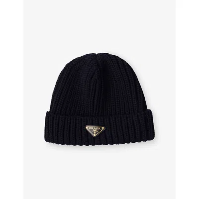 Prada Womens Blue Logo-embellished Knitted Wool Beanie