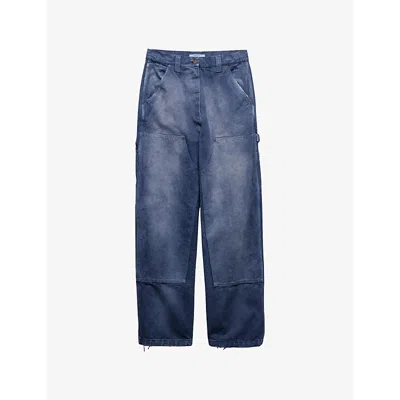PRADA WOMENS BLUE LOGO-EMBELLISHED OVERSIZED-FIT COTTON CARGO TROUSERS