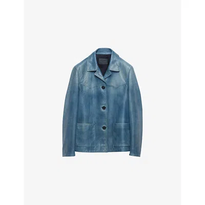 Prada Womens Blue Logo-embroidered Nappa-leather Jacket