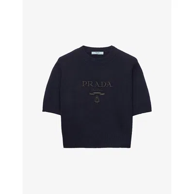 Prada Womens Blue Logo-intarsia Cashmere-wool Blend Knitted Jumper