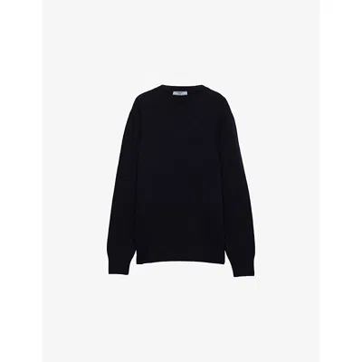 Prada Womens Blue Logo-pattern Wool And Cashmere-blend Jumper