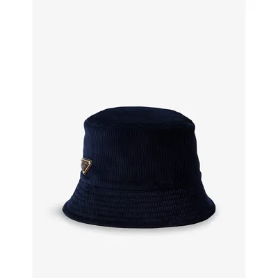 PRADA WOMENS BLUE LOGO-PLAQUE CORDUROY BUCKET HAT