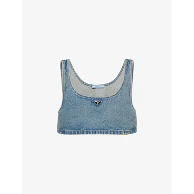 PRADA WOMENS BLUE LOGO-PLAQUE DENIM-CHAMBRAY CROP TOP