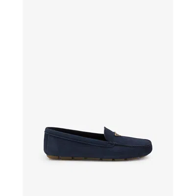 Prada Womens Blue Logo-plaque Suede Driving Loafers
