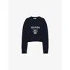 Prada Womens Blue Logo-text Round-neck Wool-cashmere Knitted Sweater