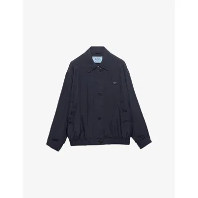 PRADA WOMENS BLUE LOGO-EMBELLISHED SILK JACKET
